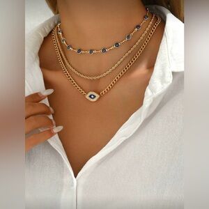 Gold Layered Evil Eye Necklace Set with Blue Accents